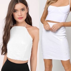 Tobi Club Life White Sequin Crop Top Midi Skirt Set White S M